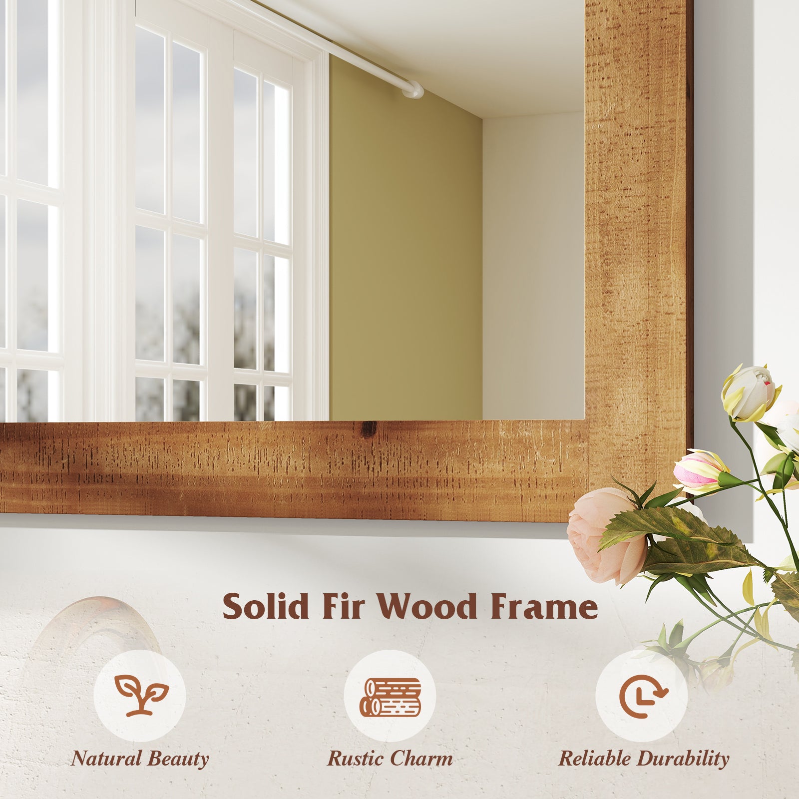 Rustic Wood Frame Barn Door Style Farmhouse Wall Mirror-Brown