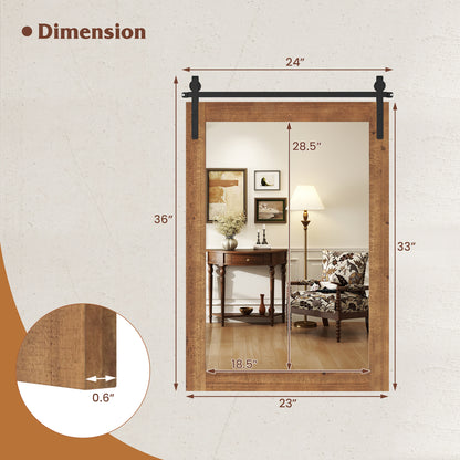 Rustic Wood Frame Barn Door Style Farmhouse Wall Mirror-Brown