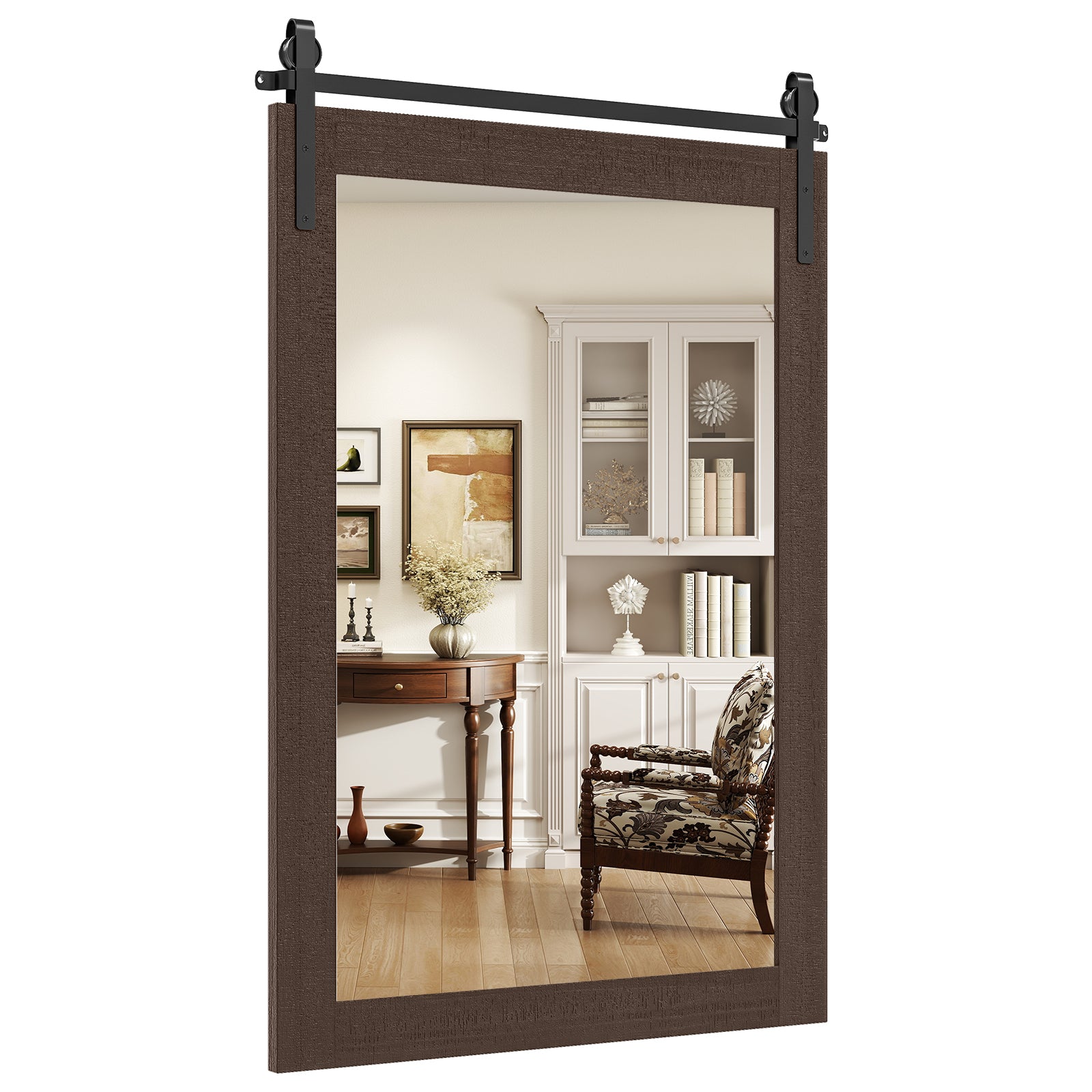 Rustic Wood Frame Barn Door Style Farmhouse Wall Mirror-Walnut