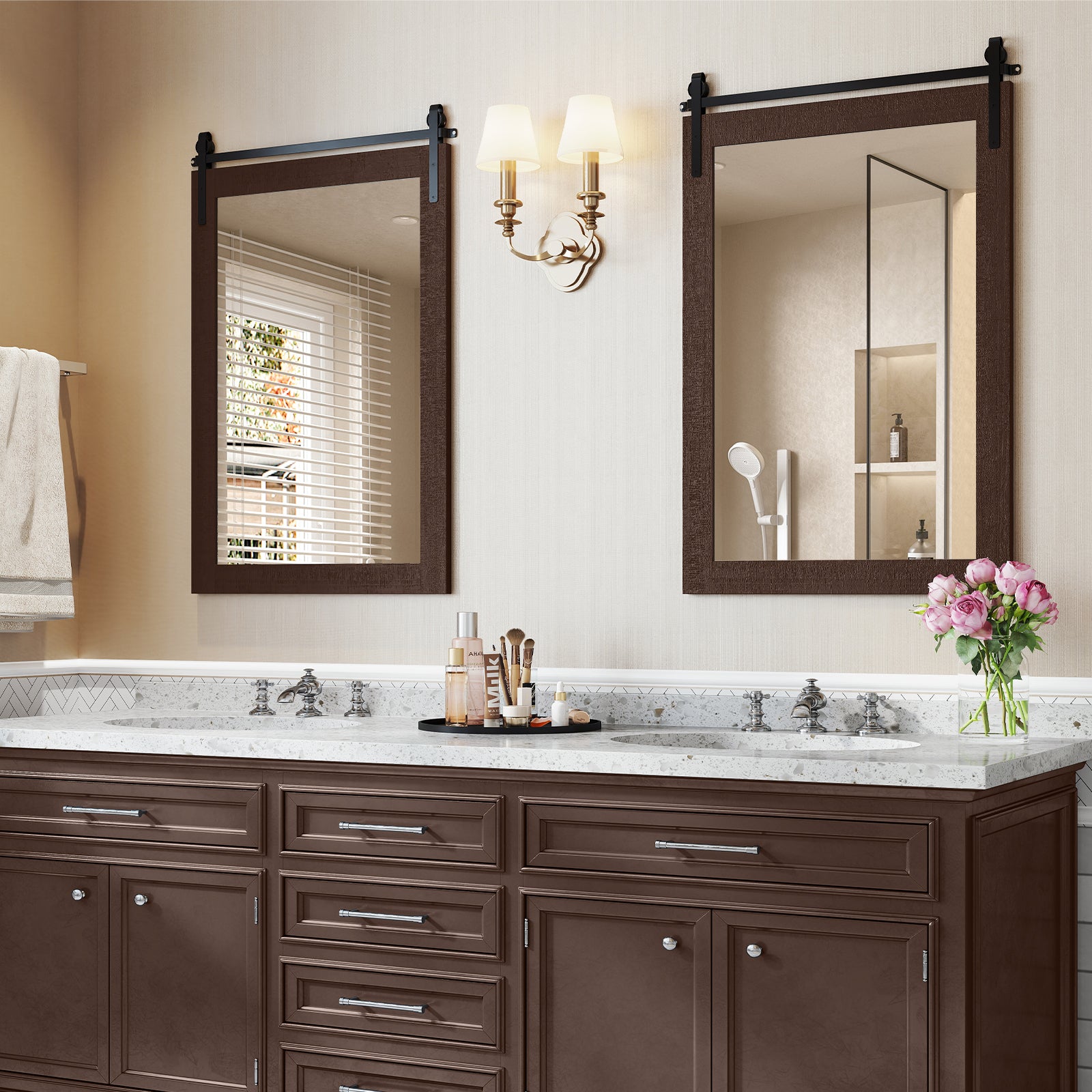 Rustic Wood Frame Barn Door Style Farmhouse Wall Mirror-Walnut