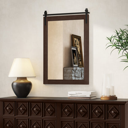 Rustic Wood Frame Barn Door Style Farmhouse Wall Mirror-Walnut