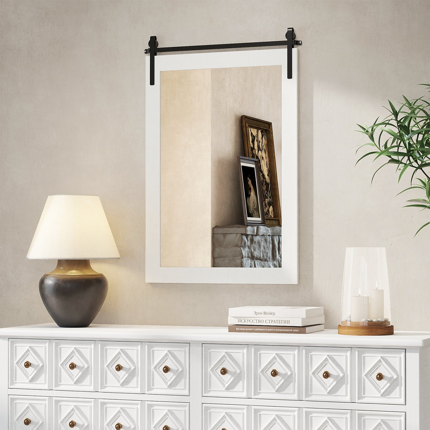 Rustic Wood Frame Barn Door Style Farmhouse Wall Mirror-White
