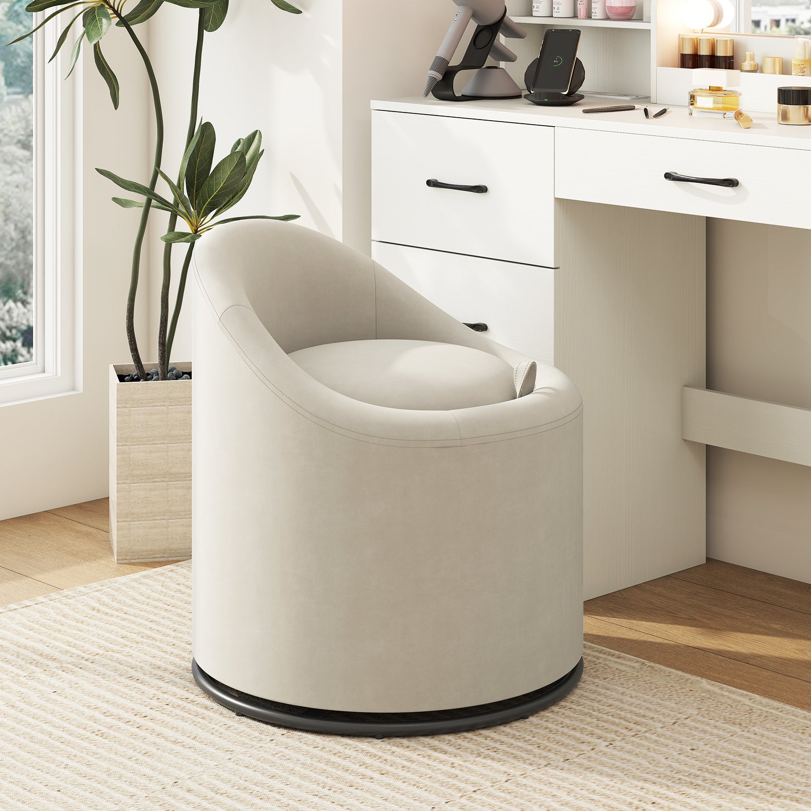 Barrel Chair with Storage 360¬∞ Swivel Upholstered Vanity Chair-Beige