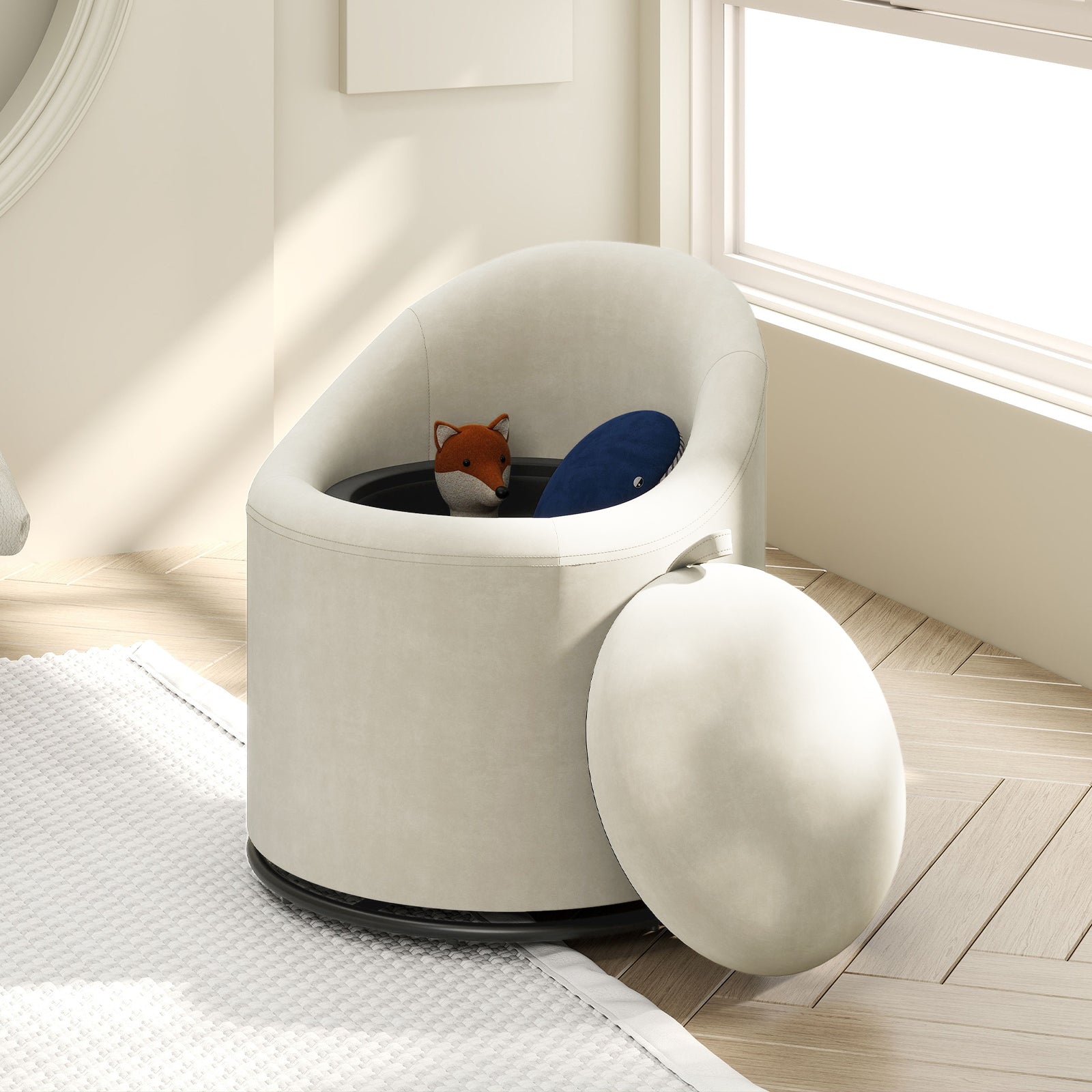 Barrel Chair with Storage 360¬∞ Swivel Upholstered Vanity Chair-Beige