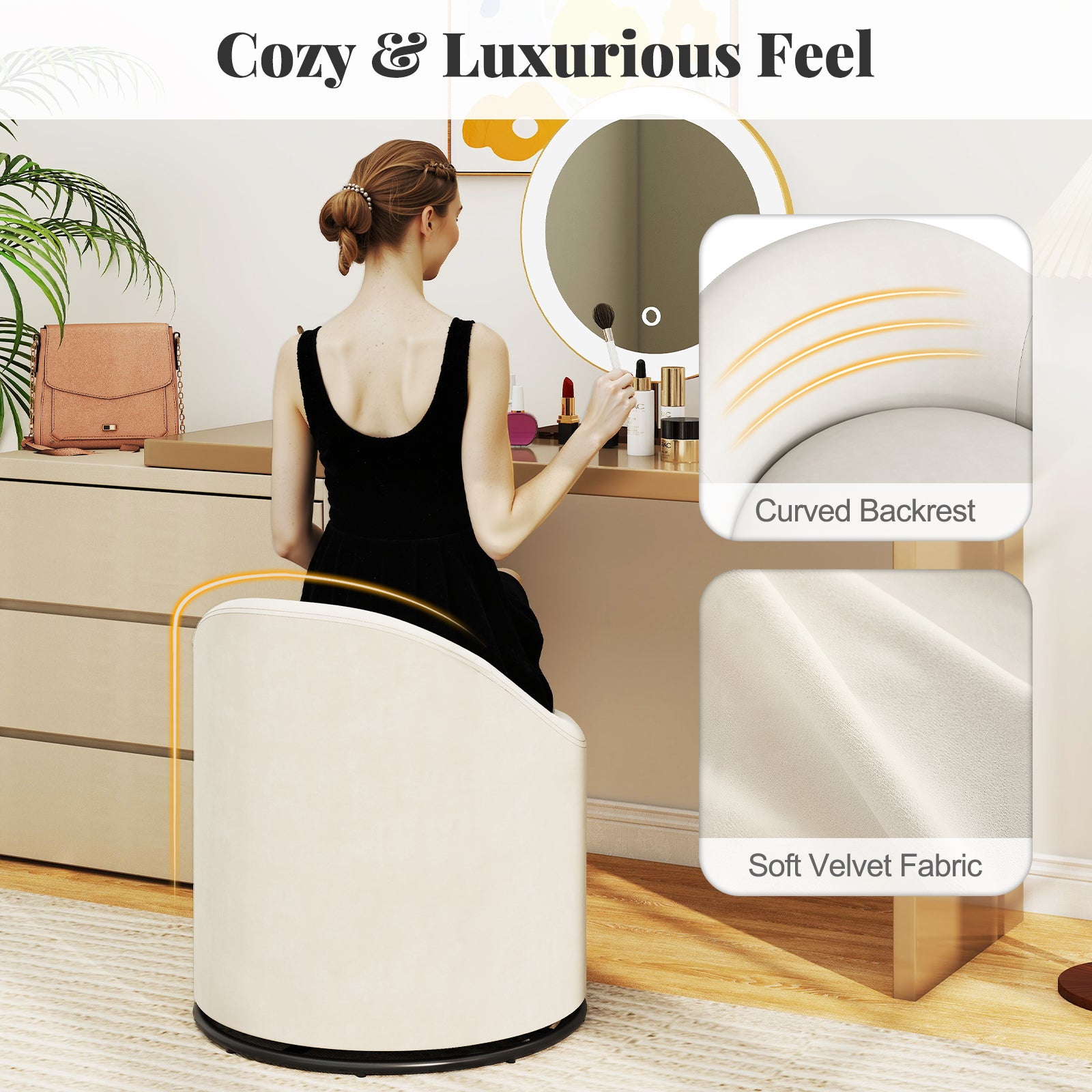 Barrel Chair with Storage 360¬∞ Swivel Upholstered Vanity Chair-Beige