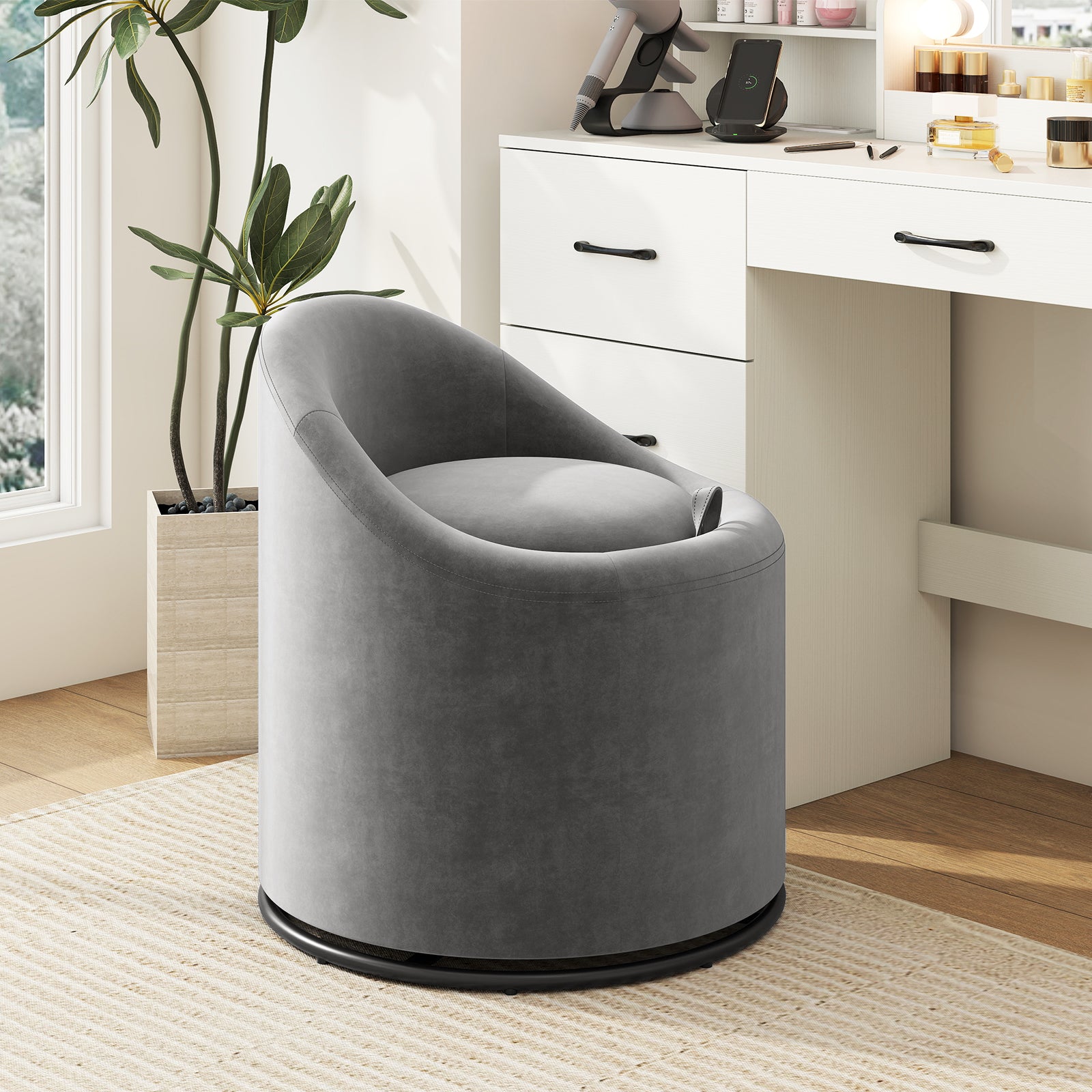 Barrel Chair with Storage 360¬∞ Swivel Upholstered Vanity Chair-Gray