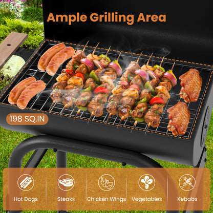 Barrel Charcoal Grill with Foldable Side Table and Thermostat-Black