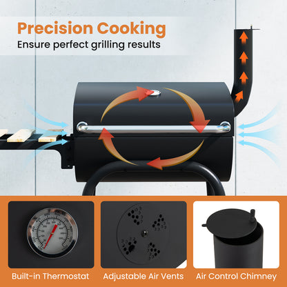 Barrel Charcoal Grill with Foldable Side Table and Thermostat-Black