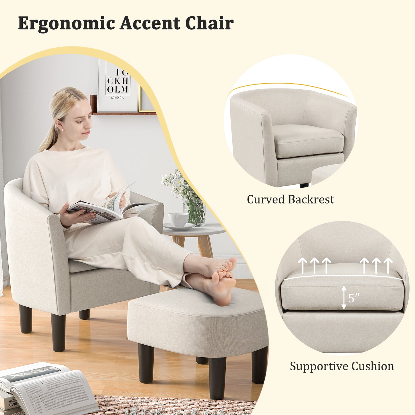 Barrel Club Chair with Ottoman Set Linen Fabric Accent Chair with Footrest-Beige