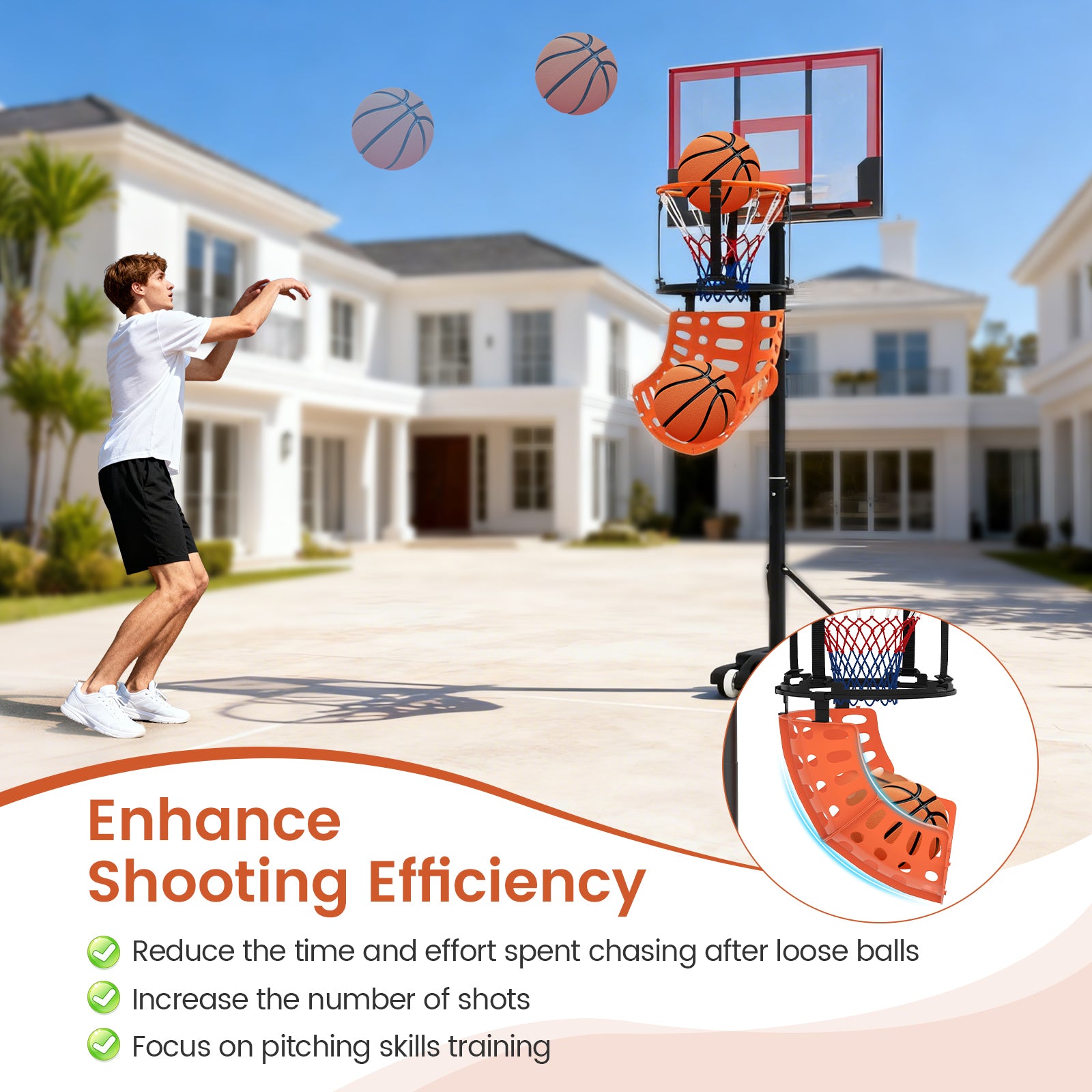 Basketball Return Attachment with 4 Tool-Free Detachable Hooks (Fit 18 Inch Rims)