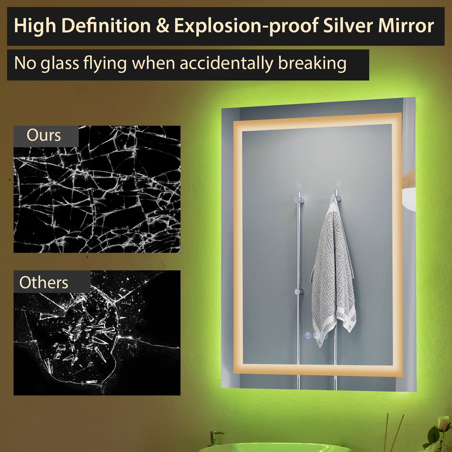 32 Inch x 24 Inch Bathroom Anti-Fog Wall Mirror with Colorful Light