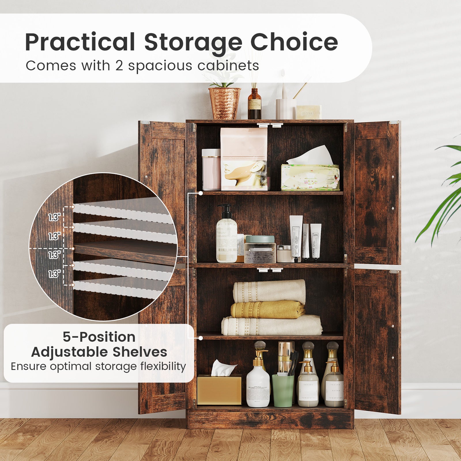 Bathroom Cabinet 43.5 inch Storage Cabinet with Doors and Adjustable Shelves-Rustic Brown