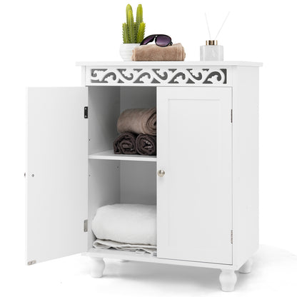 Freestanding Bathroom Cabinet Floor Storage Organizer with Adjustable Shelf and Solid Wood Legs-White
