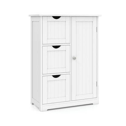 Bathroom Floor Cabinet Side Storage Cabinet with 3 Drawers and 1 Cupboard-Gray - White