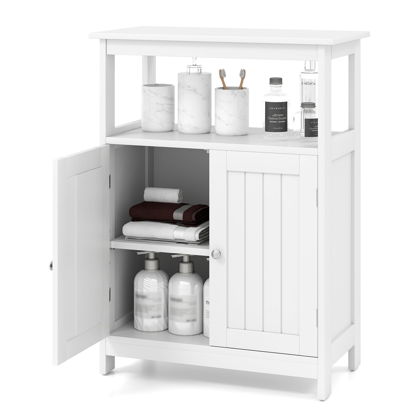 Bathroom Floor Cabinet Freestanding Storage Organizer with Open Compartment-Black - White