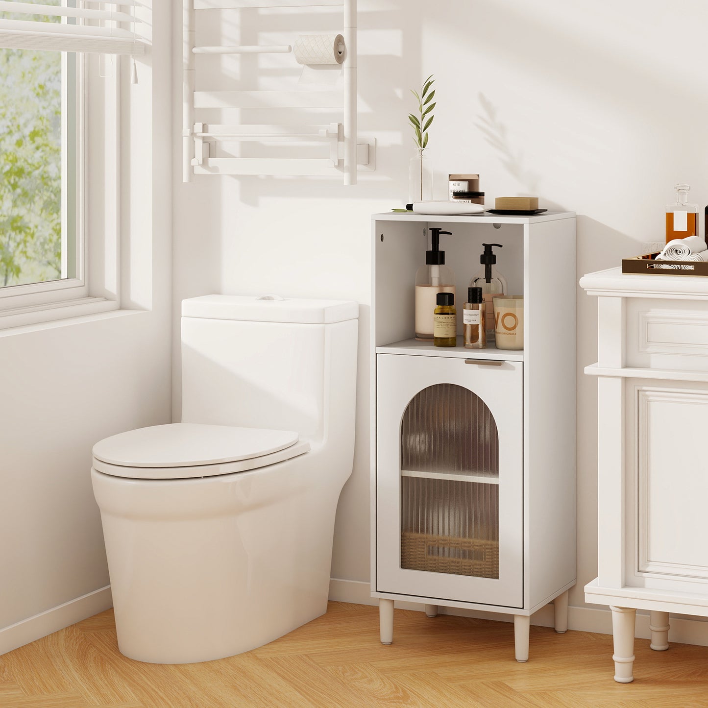 Bathroom Floor Cabinet Wood Side Storage Organizer with Adjustable Shelf-White