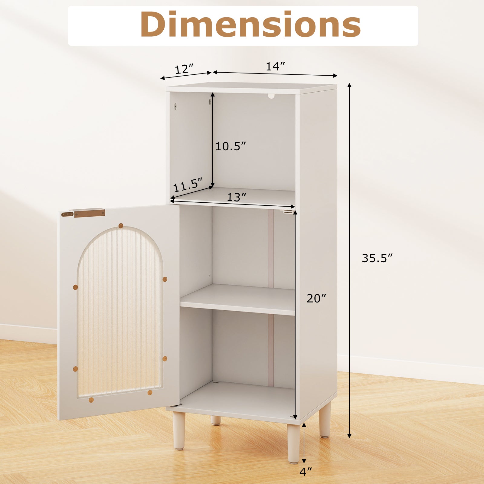 Bathroom Floor Cabinet Wood Side Storage Organizer with Adjustable Shelf-White