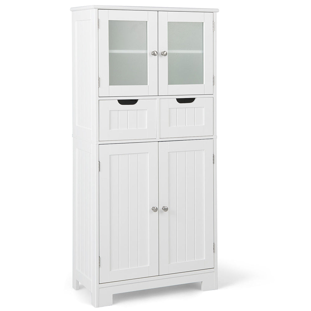 3 Tier Freee-Standing Bathroom Cabinet with 2 Drawers and Glass Doors-White - White