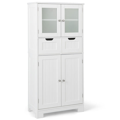 3 Tier Freee-Standing Bathroom Cabinet with 2 Drawers and Glass Doors-White - White