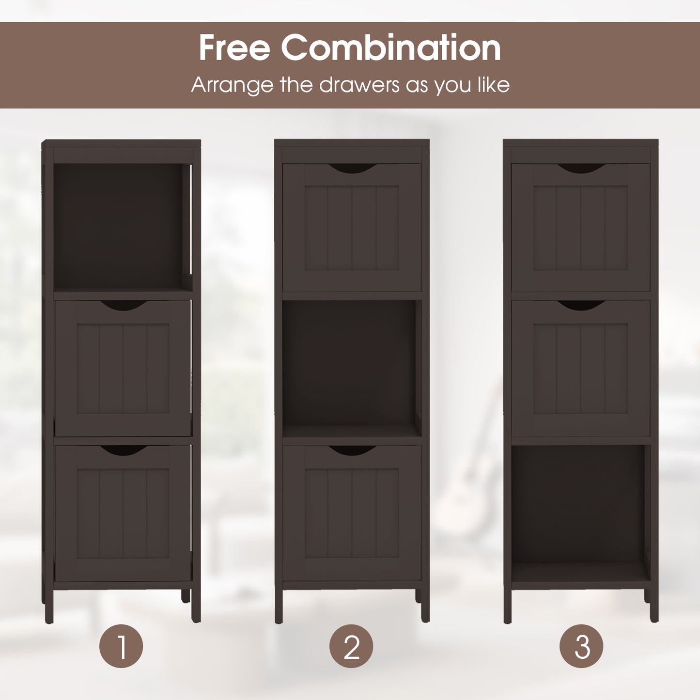 Wooden Bathroom Floor Cabinet with Removable Drawers-Brown