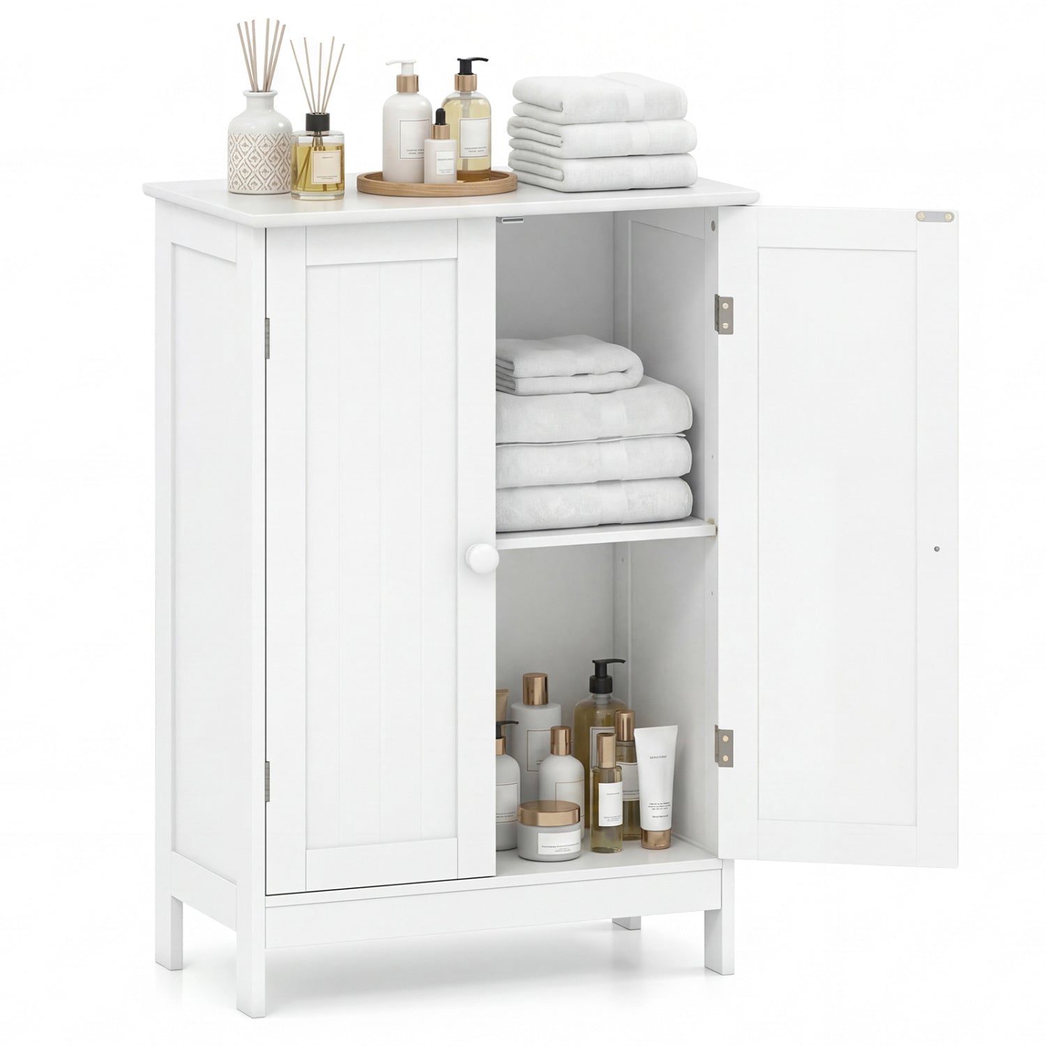 Bathroom Floor Storage Double Door Cupboard Cabinet-Gray - White