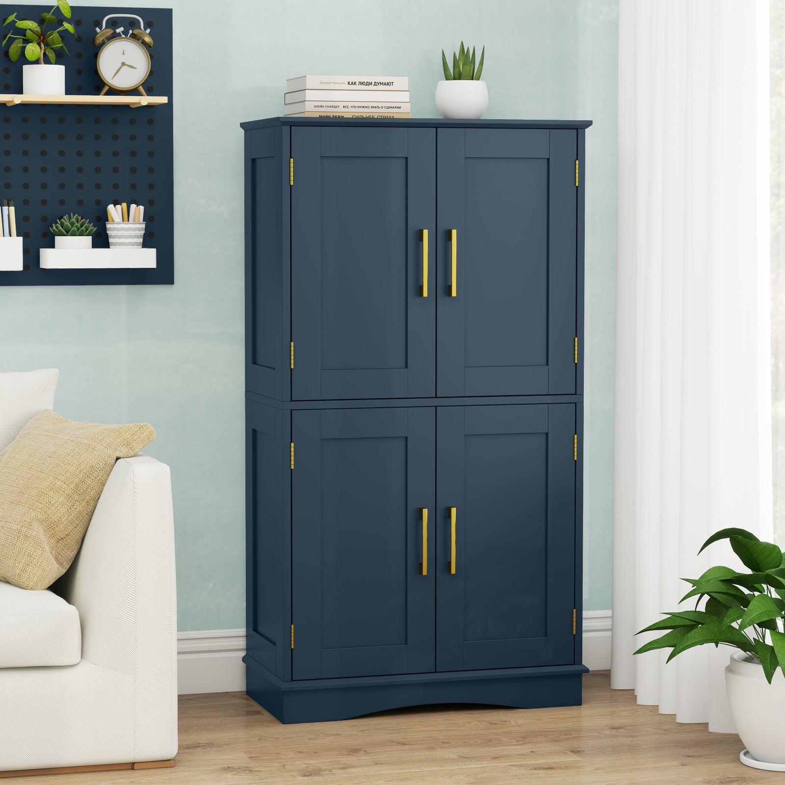 Bathroom Floor Storage Cabinet with 4 Doors and 2 Adjustable Shelves-Blue