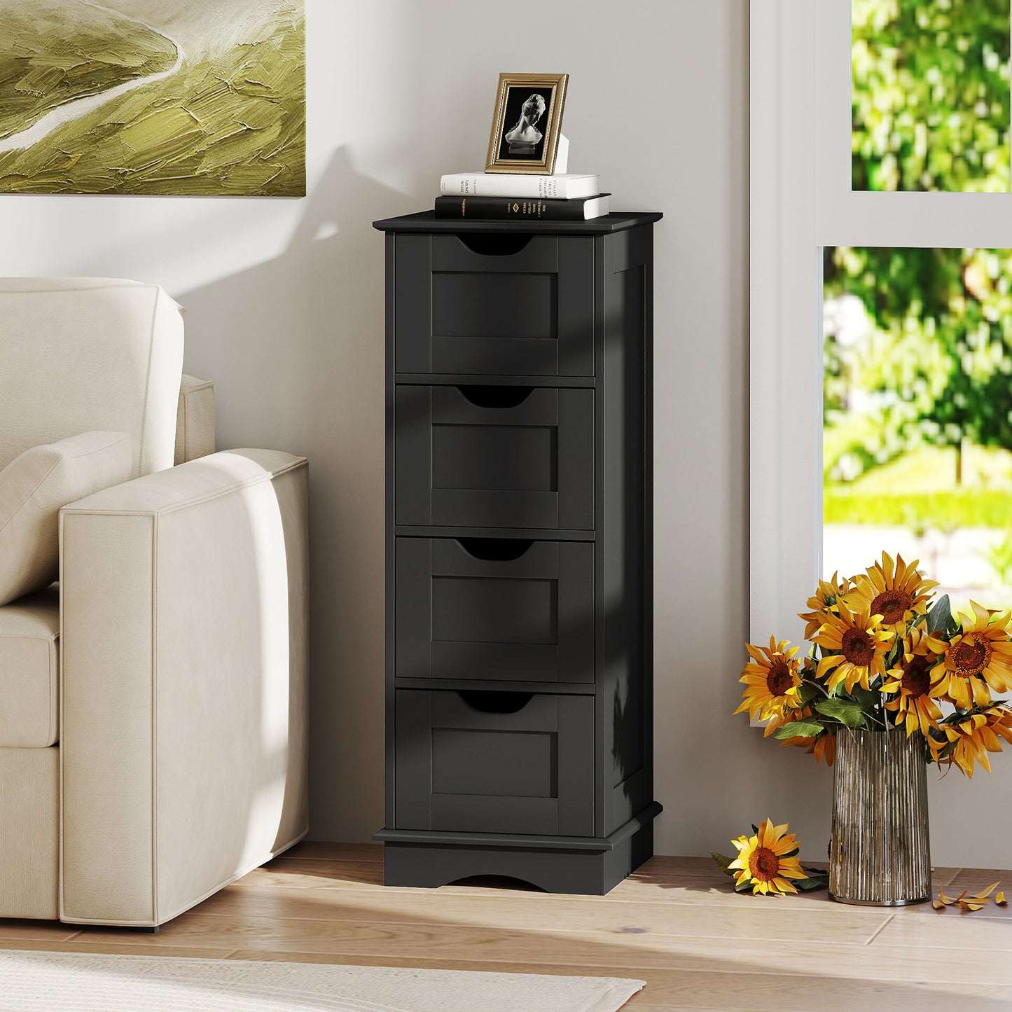 Bathroom Storage Cabinet with Cutout Handles and 4 Drawers-Black
