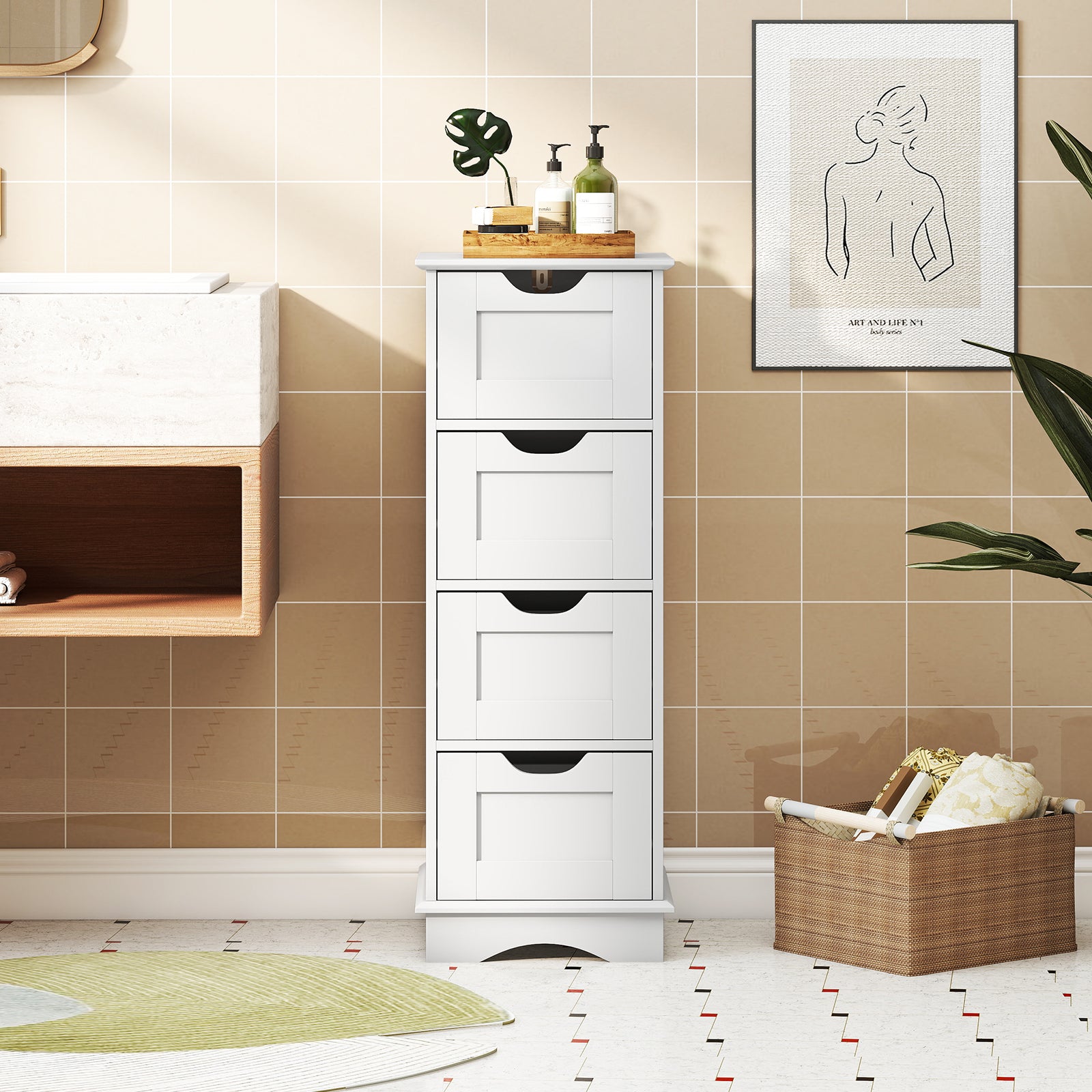 Bathroom Storage Cabinet with Cutout Handles and 4 Drawers-White