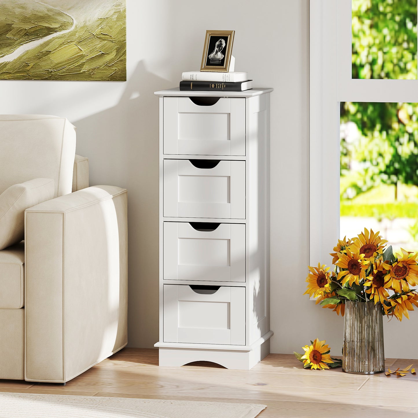 Bathroom Storage Cabinet with Cutout Handles and 4 Drawers-White