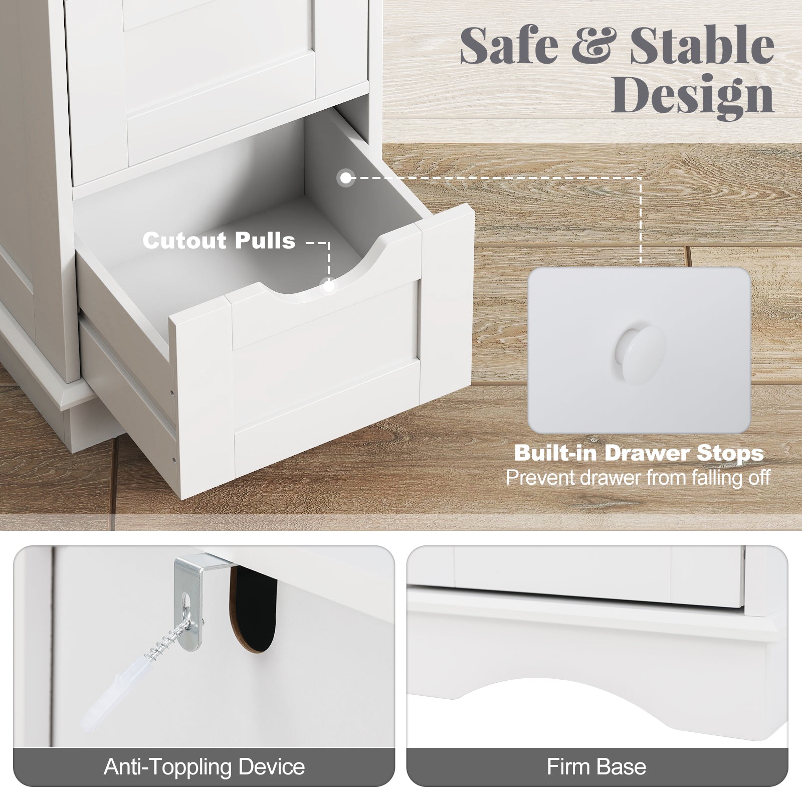 Bathroom Storage Cabinet with Cutout Handles and 4 Drawers-White