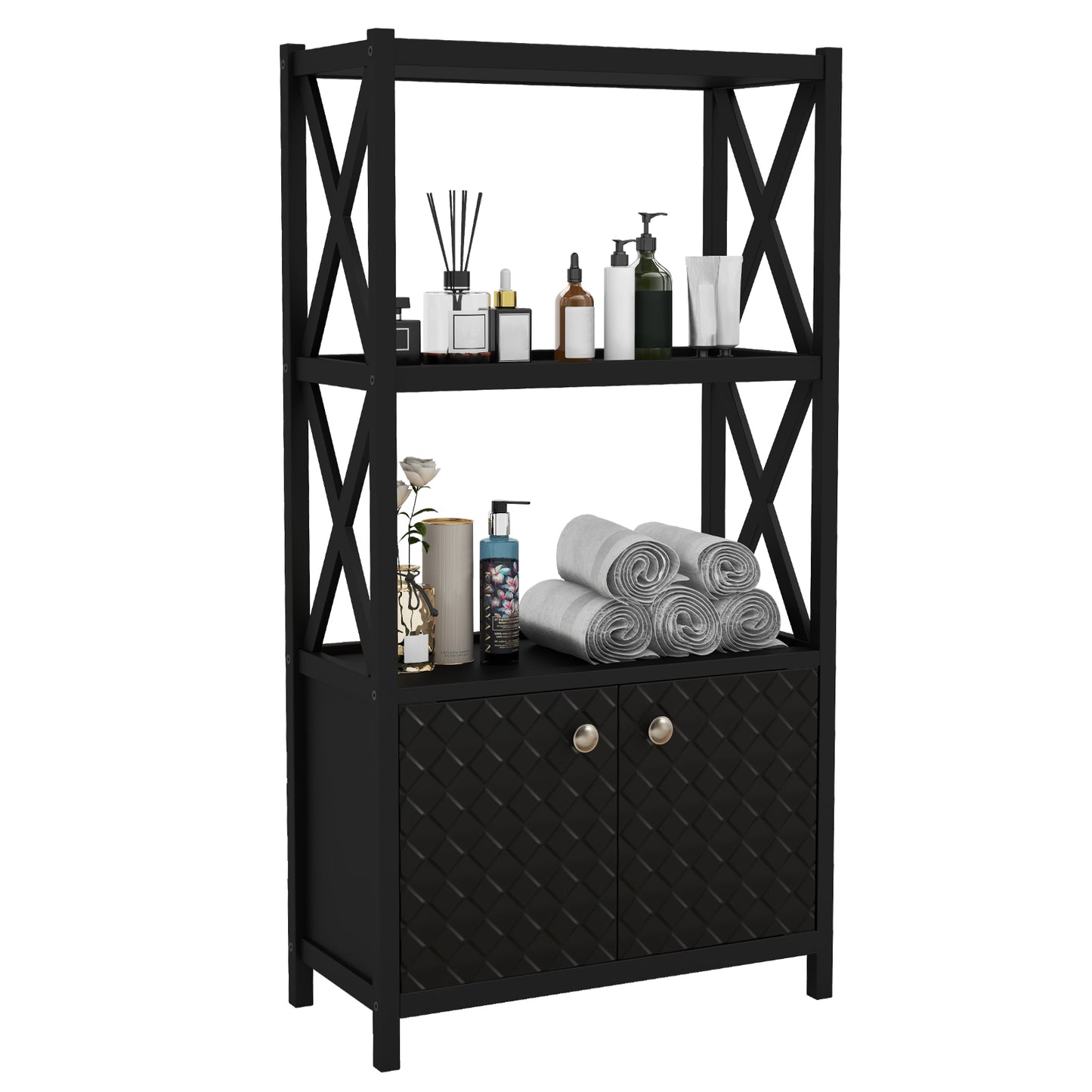 Bathroom Storage Cabinet with Open Shelves and Double Doors