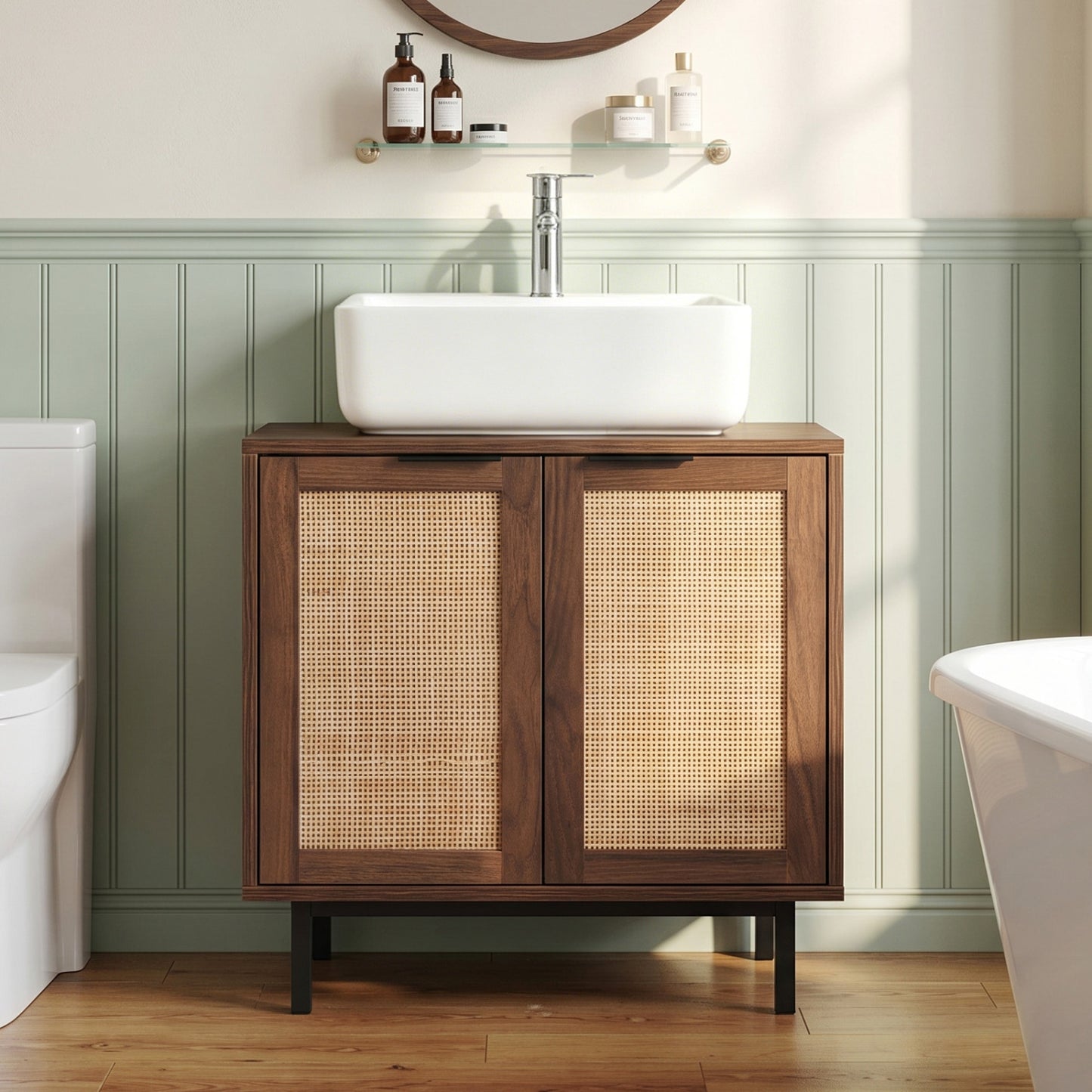 Bathroom Vanity Cabinet with Rattan Doors and U-Shaped Cut-Out
