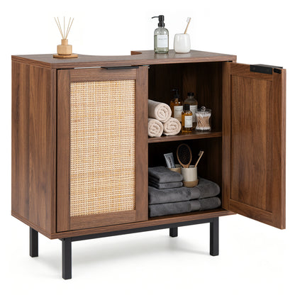 Bathroom Vanity Cabinet with Rattan Doors and U-Shaped Cut-Out