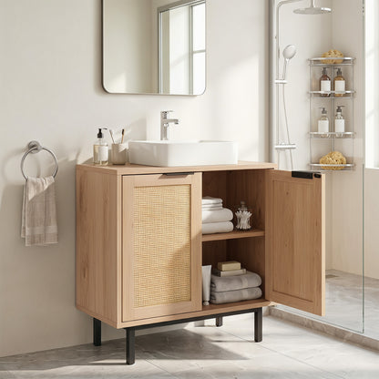 Bathroom Vanity Cabinet with Rattan Doors and U-Shaped Cut-Out