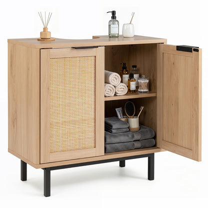 Bathroom Vanity Cabinet with Rattan Doors and U-Shaped Cut-Out