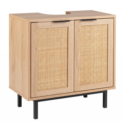 Bathroom Vanity Cabinet with Rattan Doors and U-Shaped Cut-Out