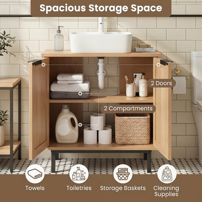 Bathroom Vanity Cabinet with Rattan Doors and U-Shaped Cut-Out