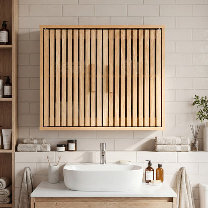 Bathroom Wall Cabinet with 2 Slatted Doors and 3-Level Adjustable Shelves