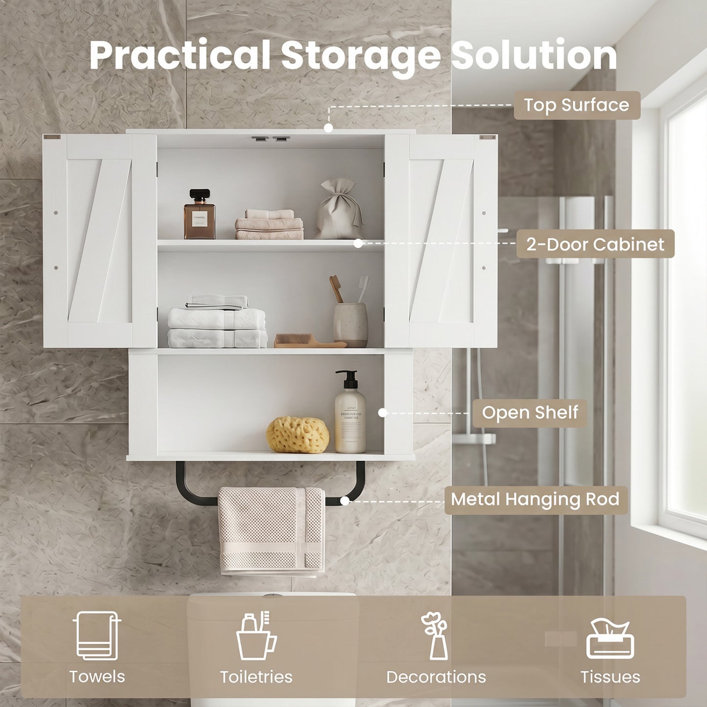 Bathroom Wall Cabinet with Barn Doors and Towel Bar