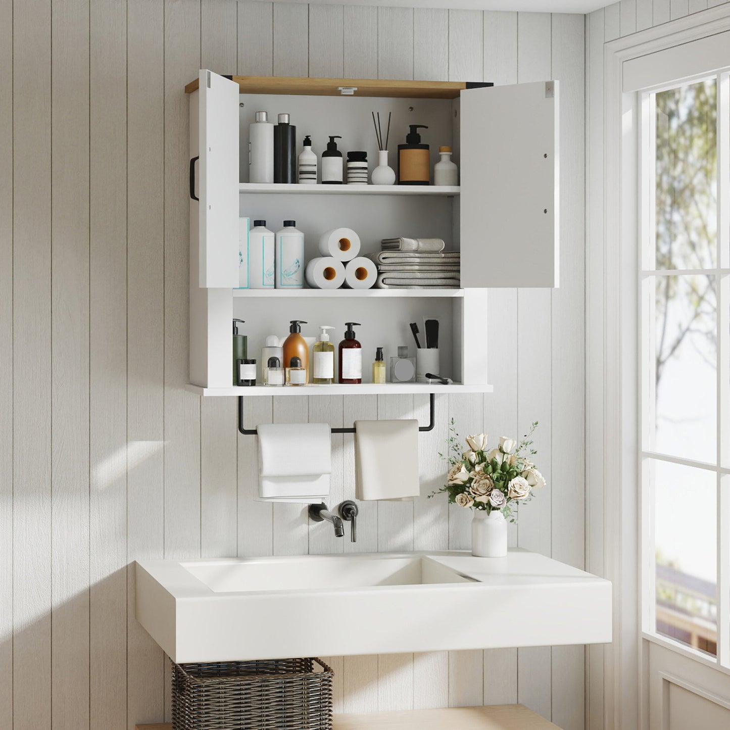 Farmhouse Bathroom Wall Cabinet with Towel Bar - White