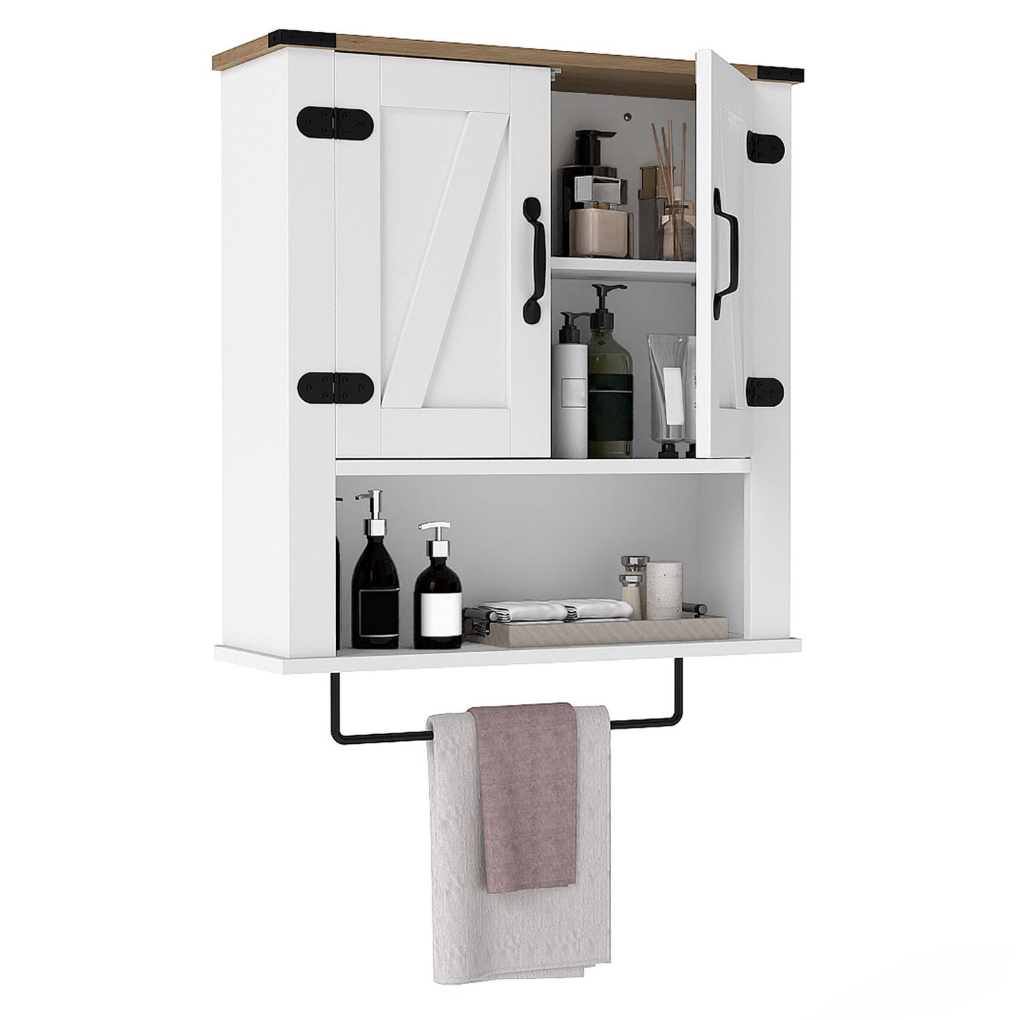 Farmhouse Bathroom Wall Cabinet with Towel Bar - White