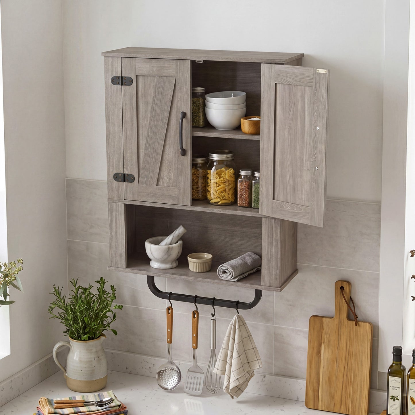 Bathroom Wall Cabinet with Barn Doors and Towel Bar