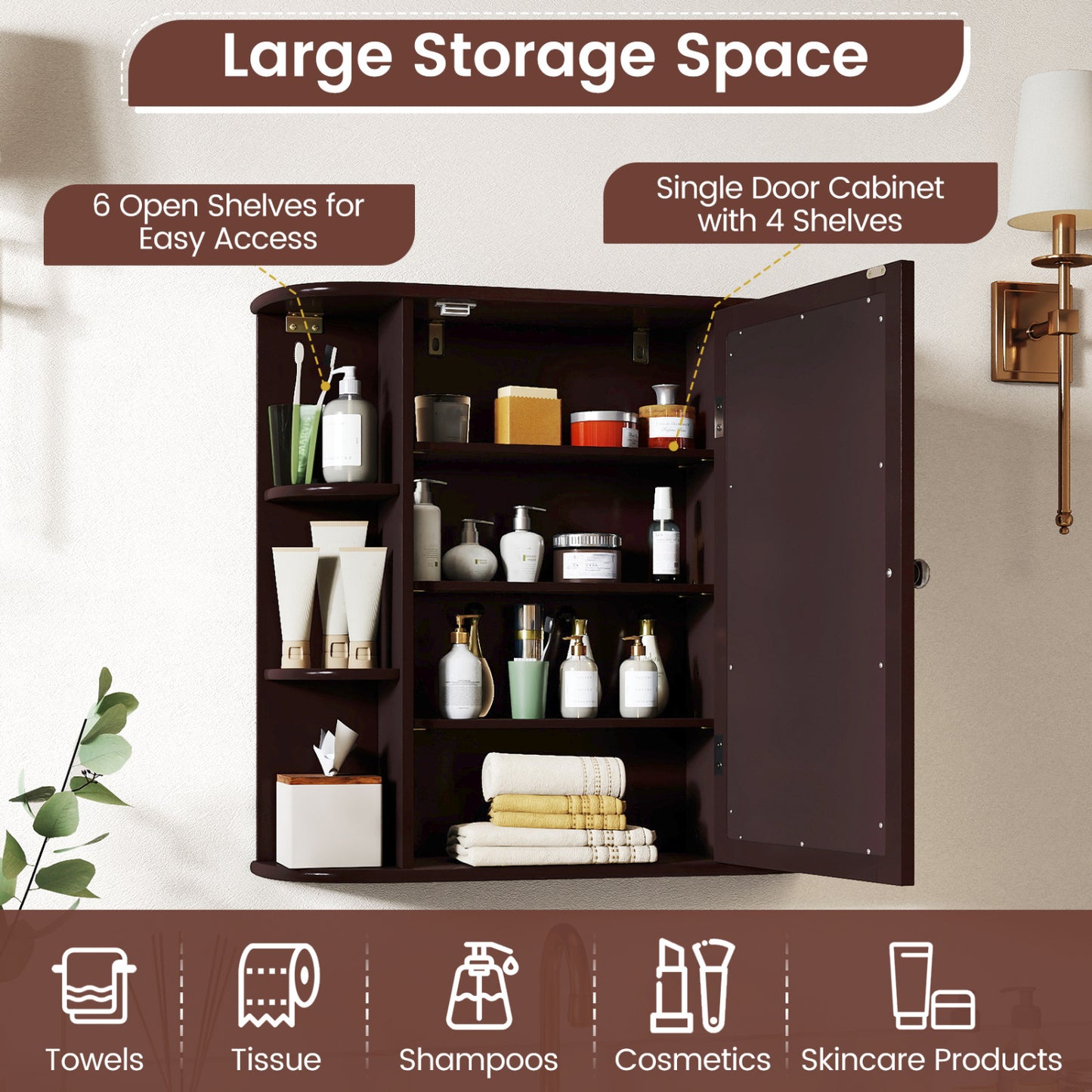 Bathroom Wall Cabinet with Mirror Door and Adjustable Shelves