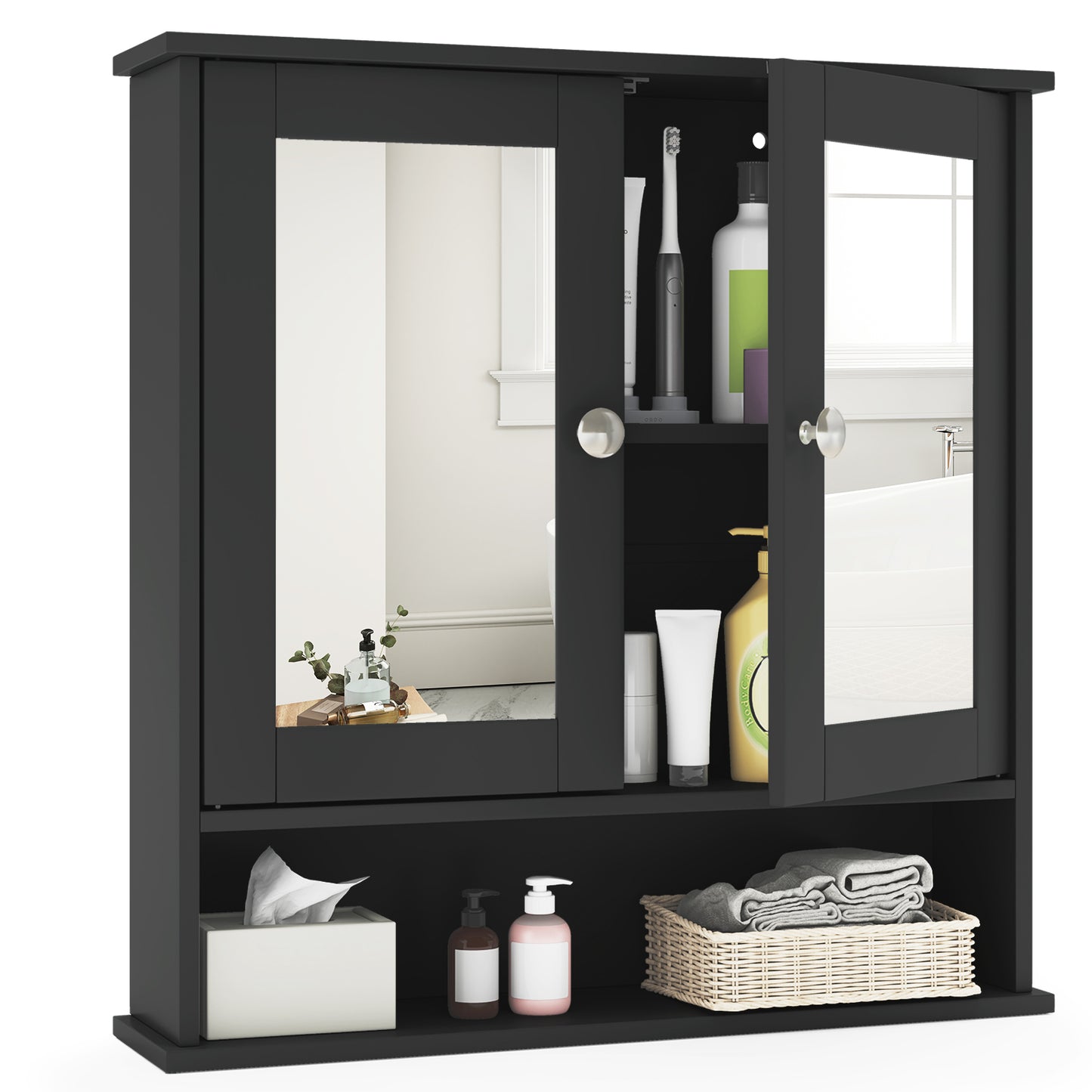 Double Door Wall-Mounted Bathroom Mirror Cabinet with Storage Shelf-Black - Black