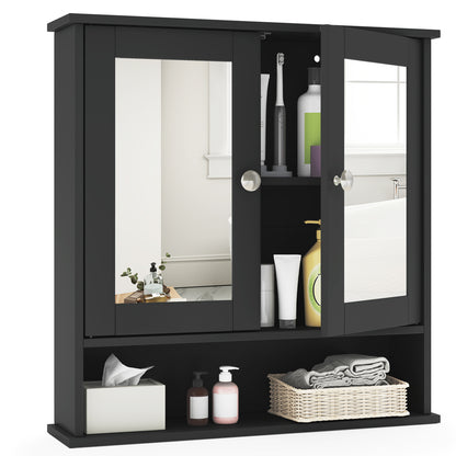 Double Door Wall-Mounted Bathroom Mirror Cabinet with Storage Shelf-Black - Black