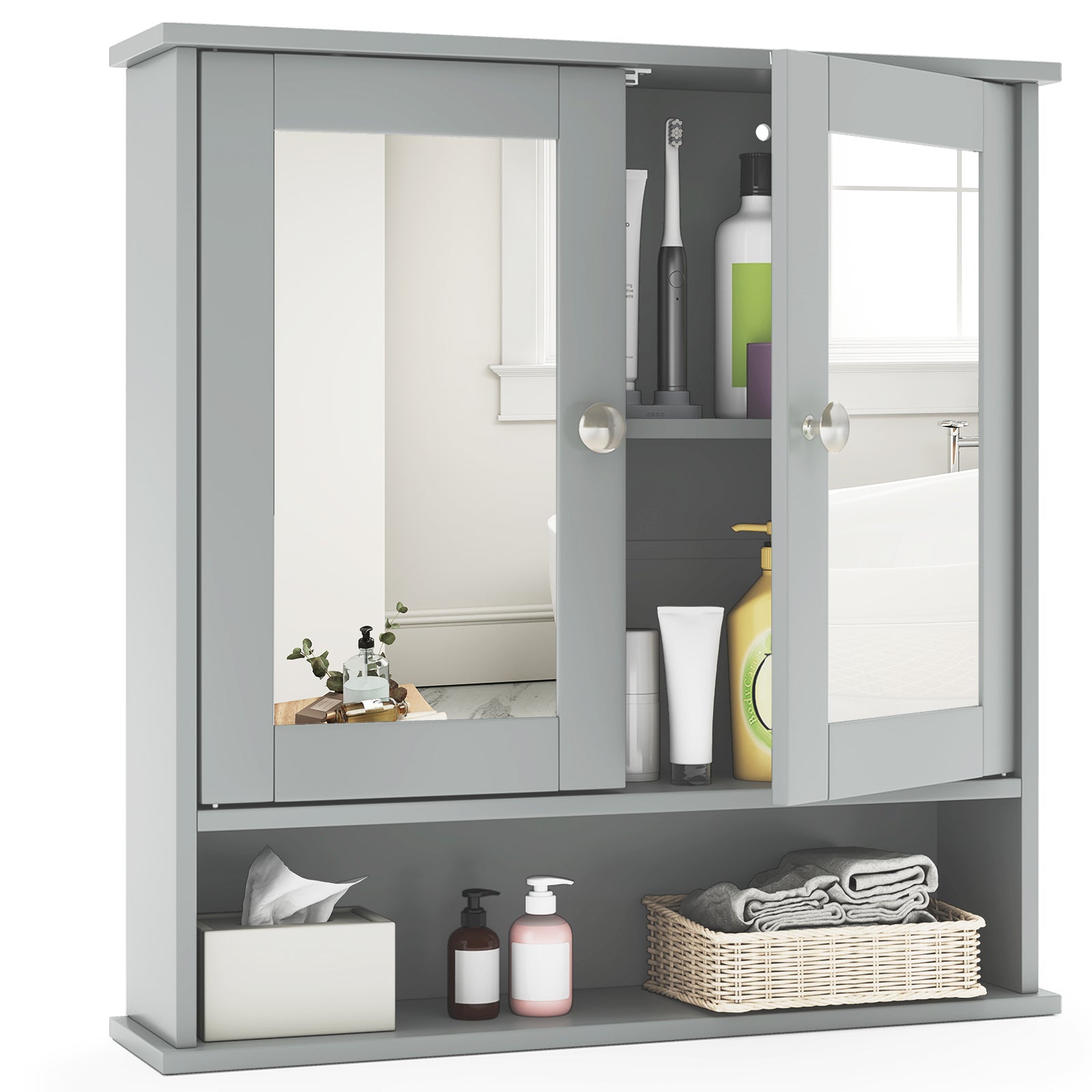 Double Door Wall-Mounted Bathroom Mirror Cabinet with Storage Shelf-Black - Gray