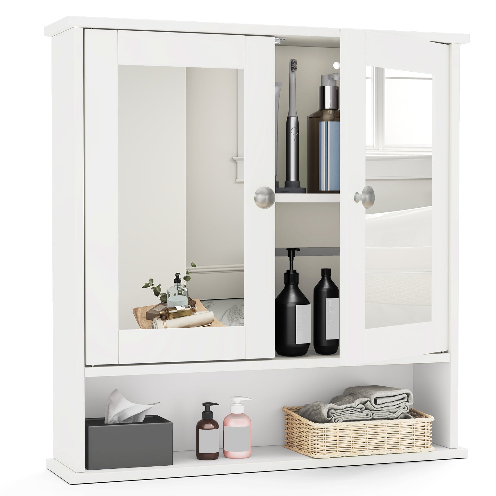 Double Door Wall-Mounted Bathroom Mirror Cabinet with Storage Shelf-Black - White
