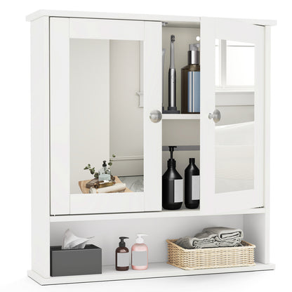 Double Door Wall-Mounted Bathroom Mirror Cabinet with Storage Shelf-Black - White