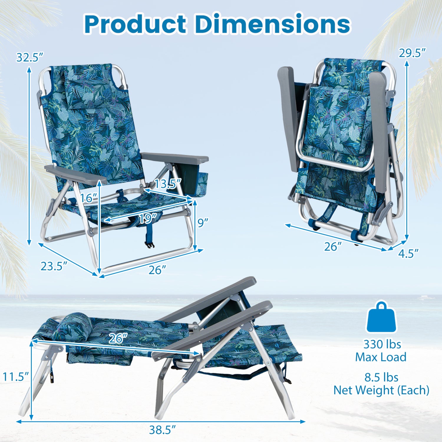 Beach Chairs Set of 2 Portable Folding Backpack Recliners with 5-Position Backrest and Padded Headrest
