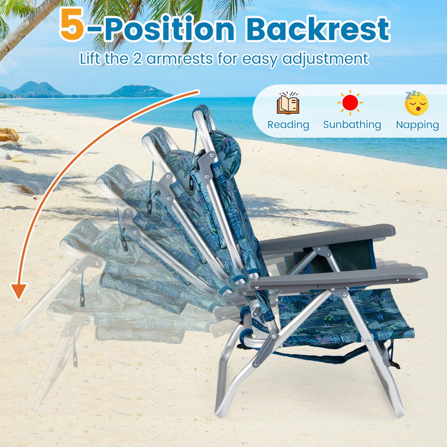 Beach Chairs Set of 2 Portable Folding Backpack Recliners with 5-Position Backrest and Padded Headrest